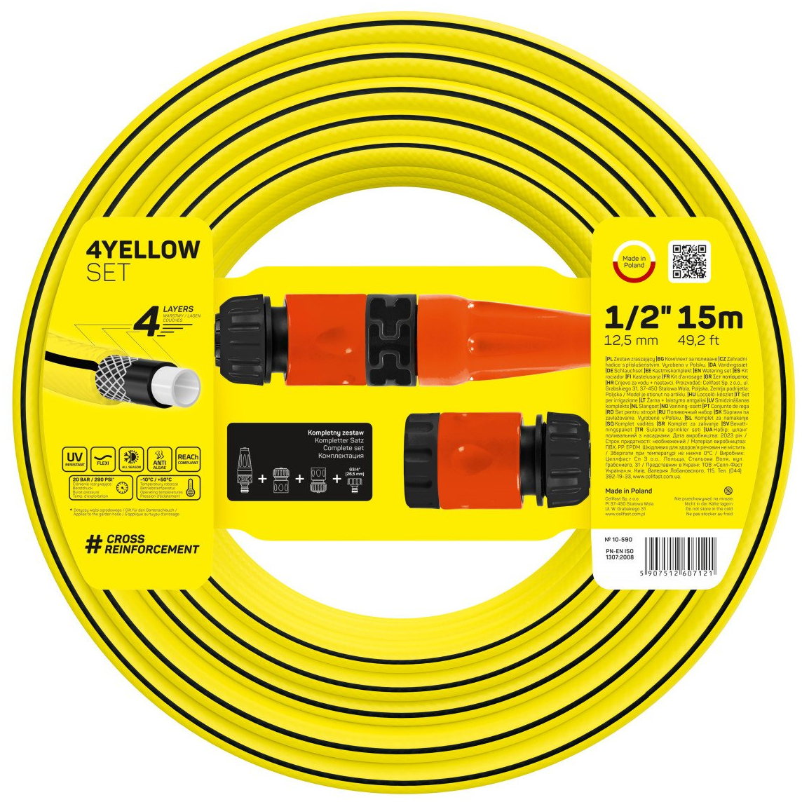 set furtun pentru gradina cellfast 4yellow, 1 2 , 15m, protectie uv, antirasucire, duza stropire, conectori - imagine 4